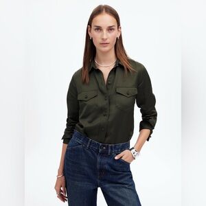 Madewell Olive Linen-Blend Western Button-Up Shirt Top Size 2 New